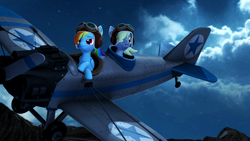 Size: 3840x2160 | Tagged: safe, artist:owlpirate, derpy hooves, rainbow dash, pegasus, pony, 3d, 4k, aviator hat, crossed hooves, duo, female, flying, hat, high res, mare, night, open mouth, open smile, plane, smiling, smirk, source filmmaker