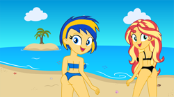 Size: 1316x735 | Tagged: safe, artist:mlpfan3991, sunset shimmer, oc, oc:flare spark, equestria girls, beach, bikini, clothes, duo, duo female, equestria girls-ified, female, looking back, swimsuit, tomboy