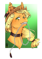 Size: 1446x2039 | Tagged: safe, artist:natt333, applejack, earth pony, pony, bust, chains, collar, leash, looking at you, mouth hold, piercing, punk, solo
