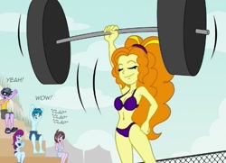 Size: 441x319 | Tagged: safe, artist:niban-destikim, adagio dazzle, microchips, mystery mint, equestria girls, barbell, belly button, bikini, clothes, cropped, eyes closed, female, male, strong, swimsuit, weight lifting, weights