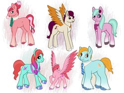 Size: 2048x1536 | Tagged: safe, artist:nrpony, dahlia, jazz hooves, rocky riff, sweets (g5), toots, windy, earth pony, pegasus, pony, g5, my little pony: tell your tale, bubblegum, clothes, female, flower, flower in hair, food, gum, jewelry, male, mare, necklace, necktie, scarf, simple background, smiling, spread wings, stallion, transparent background, unshorn fetlocks, wings