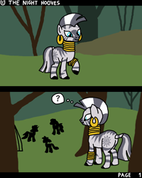 Size: 1600x2000 | Tagged: safe, artist:nopony, zecora, oc, pony, zebra, comic:the night hooves, g4, atg 2022, butt, comic, everfree forest, newbie artist training grounds, plot, question mark, standing, thought bubble, tree
