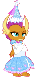 Size: 500x1065 | Tagged: safe, artist:darlycatmake, edit, vector edit, smolder, dragon, g4, angry, clothes, crossed arms, disappointed, dragoness, dress, dressup, female, froufrou glittery lacy outfit, glare, gloves, hat, hennin, lidded eyes, long gloves, princess smolder, puffy sleeves, simple background, smolder is not amused, solo, transparent background, unamused, unhappy