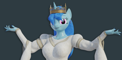 Size: 1280x630 | Tagged: safe, artist:rinny, oc, oc:lovebrew, unicorn, anthro, 3d, blender, breasts, clothes, crown, dress, hands up, jewelry, looking at you, regalia, solo, trans female, transgender