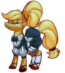 Size: 803x904 | Tagged: safe, artist:applepost67, applejack, earth pony, pony, g4, alternate hairstyle, clothes, colored, eyes closed, maid, maidjack, scrunchy face, shoes, simple background, socks, solo, white background