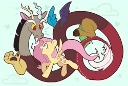 Size: 4096x2775 | Tagged: safe, artist:melodylibris, discord, fluttershy, draconequus, pegasus, pony, g4, cloud, duo, duo male and female, emanata, female, flying, high res, looking at each other, looking at someone, male, mare, open mouth, open smile, smiling, snaggletooth, spread wings, wings