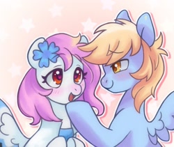 Size: 1759x1485 | Tagged: safe, artist:horseyuris, oc, oc only, pegasus, pony, blushing, duo, eyebrows, eyebrows visible through hair, female, flower, flower in hair, heart, heart eyes, hoof on chin, looking at each other, looking at someone, male, mare, open mouth, open smile, pegasus oc, smiling, stallion, wingding eyes