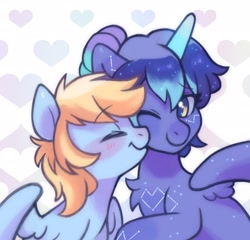 Size: 1670x1600 | Tagged: safe, artist:horseyuris, oc, oc only, alicorn, pegasus, pony, alicorn oc, blushing, commission, constellation, duo, ethereal mane, eyebrows, eyebrows visible through hair, eyes closed, heart, heart background, horn, nuzzling, one eye closed, pegasus oc, smiling, starry mane, wings