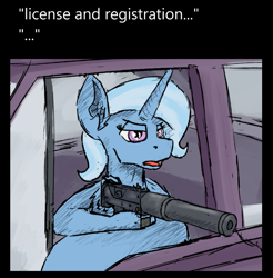 Size: 647x658 | Tagged: safe, artist:reddthebat, trixie, pony, unicorn, g4, car, female, gun, hoof hold, mac-10, mare, solo, suppressor, weapon