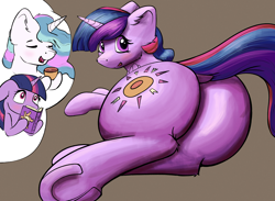 Size: 4520x3313 | Tagged: safe, artist:shaliwolf, princess celestia, twilight sparkle, oc, oc:princess morning star, alicorn, pony, alicorn oc, blushing, book, butt, commissioner:bigonionbean, cup, cutie mark, embarrassed, female, flank, flowing mane, fusion, fusion:princess morning star, horn, large butt, looking at you, looking back, mare, nervous, plot, shy, staring into your soul, teacup, thought bubble, twilight sparkle (alicorn), wings, writer:bigonionbean