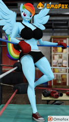 Size: 720x1280 | Tagged: safe, artist:omofox, rainbow dash, unicorn, anthro, digitigrade anthro, boxing gloves, boxing ring, clothes, converse, shoes, shorts, sneakers, solo, sports bra, workout outfit