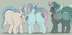 Size: 1500x734 | Tagged: safe, artist:weasselk, king sombra, nightmare moon, queen chrysalis, oc, oc:earthing elements, oc:empress sacer malum, oc:queen fresh care, alicorn, changeling, changeling queen, pony, g4, butt, changeling oc, cheeselegs, commissioner:bigonionbean, crown, curved horn, cutie mark, female, flank, fusion, fusion:carrot top, fusion:cloudy quartz, fusion:derpy hooves, fusion:golden harvest, fusion:mayor mare, fusion:minuette, fusion:posey shy, fusion:twilight velvet, fusion:windy whistles, glasses, horn, insect wings, intense, intense stare, jewelry, large butt, mare, nervous sweat, plot, queen umbra, regalia, rule 63, snorting, stare down, the ass was fat, wings, writer:bigonionbean