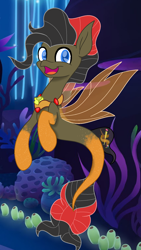 Size: 1080x1920 | Tagged: safe, artist:kaiden0711, oc, oc only, pegasus, pony, seapony (g4), blue eyes, clothes, coral, dorsal fin, fin wings, fins, fish tail, flowing mane, flowing tail, jewelry, looking at you, male, necklace, ocean, open mouth, open smile, seaponified, seaquestria, seaweed, see-through, smiling, smiling at you, solo, species swap, tail, underwater, water, wings