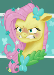 Size: 560x775 | Tagged: safe, artist:tsunami-shells, fluttershy, pegasus, pony, g4, the best night ever, angry, bust, ears back, female, flower, flower in hair, flutterrage, gritted teeth, mare, red face, solo, teeth