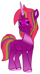 Size: 1828x3318 | Tagged: safe, artist:dancingkinfiend, derpibooru exclusive, oc, oc only, unnamed oc, pony, unicorn, g5, coat markings, colored hooves, colored horn, female, freckles, frown, furrowed brow, hooves, horn, male to female, mare, multicolored hair, multicolored mane, purple eyes, purple fur, red mane, simple background, socks (coat markings), solo, sparkles, trans female, transgender, transgender oc, transparent background, unicorn oc
