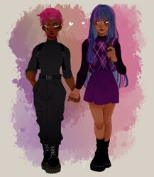 Size: 2000x2300 | Tagged: safe, artist:bonniem_x2, tempest shadow, twilight sparkle, human, g4, argyle, boots, dark skin, duo, eye scar, female, high res, holding hands, humanized, lesbian, scar, ship:tempestlight, shipping, shoes