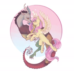 Size: 2074x2082 | Tagged: safe, artist:bonniem_x2, discord, fluttershy, draconequus, pegasus, pony, g4, antlers, blushing, duo, female, flying, heart, high res, horn, looking at each other, looking at someone, male, ship:discoshy, shipping, signature, simple background, spread wings, straight, wings