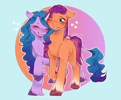Size: 2400x2000 | Tagged: safe, artist:bonniem_x2, izzy moonbow, sunny starscout, earth pony, pony, unicorn, g5, blushing, duo, female, floppy ears, heart, high res, lesbian, mare, nuzzling, ship:moonscout, shipping