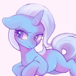 Size: 1400x1400 | Tagged: safe, artist:horseyuris, trixie, pony, unicorn, g4, cute, diatrixes, female, floppy ears, horn, lying down, mare, missing cutie mark, prone, simple background, solo, starry eyes, wingding eyes