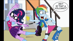 Size: 3840x2160 | Tagged: safe, artist:niban-destikim, rainbow dash, sci-twi, twilight sparkle, human, equestria girls, g4, 3 squares and an ed, animated, boots, clothes, comic dub, compression shorts, ed edd n eddy, female, glasses, high heels, high res, mary janes, miniskirt, onomatopoeia, palindrome get, parody, pink twi n dashie, ponytail, running, running in place, scene parody, shoes, skirt, slapstick, sound, sound only, subaluwa, voice acting, volcano, webm, youtube link
