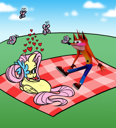 Size: 930x1026 | Tagged: safe, artist:thefiremermaid, fluttershy, bandicoot, butterfly, pegasus, pony, g4, activision, blushing, butterfly on nose, crash bandicoot, crash bandicoot (series), crossover, crossover shipping, female, floating heart, fluttercrash, funny, funny as hell, heart, insect on nose, looking at each other, looking at someone, lying down, male, mare, meme, older, older fluttershy, picnic blanket, shipping, straight, wat, woah, woah (meme)