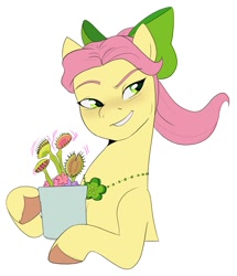 Size: 1033x1200 | Tagged: safe, artist:aztrial, posey bloom, earth pony, pony, g5, bow, bust, female, flower, flower pot, hair bow, hoof hold, jewelry, mare, necklace, plant, ponytail, raised eyebrow, simple background, smiling, solo, unshorn fetlocks, venus flytrap, white background