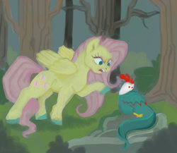 Size: 1024x888 | Tagged: safe, artist:tsunami-shells, fluttershy, cockatrice, pegasus, pony, g4, stare master, angry, colored hooves, female, forest, intimidating, looking at someone, mare, open mouth, outdoors, pointing, raised hoof, scene interpretation, spread wings, tree, wings