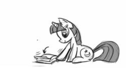 Size: 1225x666 | Tagged: safe, twilight sparkle, twilight twinkle, pony, unicorn, g4, 2009, animatic, black and white, book, female, grayscale, horn, index get, mare, milestone, monochrome, show pilot, sitting, smiling, solo, unicorn twilight, x0000 milestone, x00000 milestone, youtube link