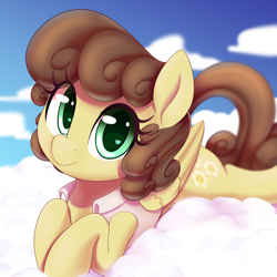 Size: 2000x2000 | Tagged: safe, artist:thebatfang, oc, pegasus, pony, clothes, cloud, curly hair, cute, female, filly, foal, high res, looking at you, lying down, lying on a cloud, ocbetes, on a cloud, shirt, sky, smiling, smiling at you, solo, wide eyes