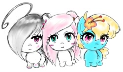 Size: 1092x640 | Tagged: safe, artist:ponysprinkles, oc, oc only, earth pony, pegasus, pony, earth pony oc, female, hair over one eye, looking at you, pegasus oc, simple background, smiling, smiling at you, trio, trio female, white background, wings
