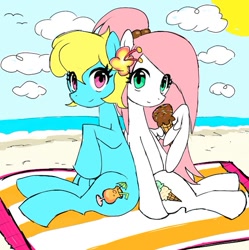 Size: 749x751 | Tagged: safe, artist:ponysprinkles, oc, oc only, earth pony, pegasus, pony, beach, cloud, duo, duo female, earth pony oc, eye clipping through hair, female, food, ice cream, ice cream cone, looking at you, mare, pegasus oc, sitting, wing hands, wings