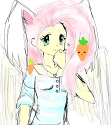Size: 764x859 | Tagged: safe, artist:ponysprinkles, fluttershy, equestria girls, bunny ears, carrot, clothes, female, food, heart, jewelry, looking at you, necklace, simple background, solo, white background, wings