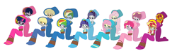Size: 5896x1712 | Tagged: safe, artist:brightstar40k, applejack, fluttershy, mean applejack, mean fluttershy, mean pinkie pie, mean rainbow dash, mean rarity, mean twilight sparkle, pinkie pie, rainbow dash, rarity, sci-twi, sunset shimmer, trixie, twilight sparkle, equestria girls, the mean 6, bondage, bound and gagged, clone, clone six, clothes, equestria girls-ified, gag, humane five, humane seven, humane six, long dress, long skirt, mean sci-twi, mean sunset shimmer, simple background, skirt, victorian, victorian dress, white background