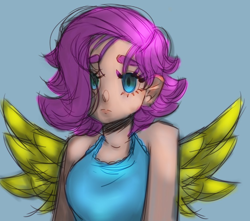 Size: 640x567 | Tagged: safe, artist:issauwu, fluttershy, human, g4, blue background, bust, female, humanized, looking at you, short hair, simple background, solo, winged humanization, wings