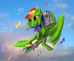 Size: 6289x5243 | Tagged: safe, artist:c_||_r, oc, oc only, oc:ceezie, pegasus, pony, amp, female, flying, green coat, magenta eyes, mare, microphone, motion blur, multicolored hair, music notes, newbie artist training grounds, rainbow hair, real life background, singing, smiling, solo