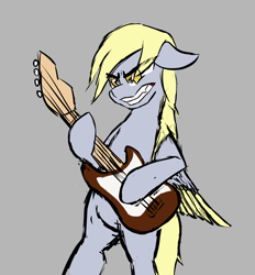 Size: 1008x1088 | Tagged: safe, artist:hovel, derpy hooves, pegasus, pony, g4, bass guitar, bipedal, electric guitar, floppy ears, gray background, guitar, hoof hold, musical instrument, simple background, sketch, solo