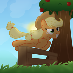 Size: 2000x2000 | Tagged: safe, artist:candy meow, applejack, earth pony, pony, g4, apple, apple tree, applejack's hat, atg 2022, cowboy hat, female, food, grin, hat, high res, jumping, mare, newbie artist training grounds, obstacle course, running, smiling, solo, tree