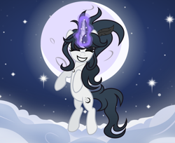 Size: 6881x5625 | Tagged: safe, artist:darbypop1, oc, oc only, oc:raven (darbypop1), pony, unicorn, absurd resolution, cloud, eyes closed, eyeshadow, female, glowing, glowing horn, grin, horn, jewelry, magic, magic aura, makeup, mare, moon, necklace, night, smiling, solo, stars, unicorn oc