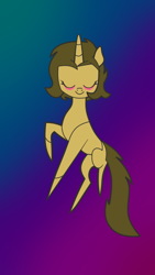 Size: 750x1334 | Tagged: safe, anonymous artist, oc, oc only, oc:sagiri himoto, pony, unicorn, abstract background, base used, blushing, brown coat, brown eyes, brown mane, brown tail, ears, ears up, eyes closed, flying, green mane, green tail, horn, missing cutie mark, pose, solo, stained glass, tail