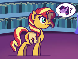 Size: 1800x1350 | Tagged: safe, artist:flutterluv, part of a set, sunset shimmer, twilight sparkle, pony, unicorn, g4, atg 2022, newbie artist training grounds, part of a series, solo, speech bubble