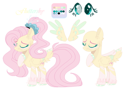 Size: 814x574 | Tagged: safe, artist:jewe1z, fluttershy, pegasus, pony, g4, base used, eye clipping through hair, eyes closed, female, freckles, hoof on chest, mare, redesign, reference sheet, simple background, smiling, solo, tail, tail feathers, watermark, white background