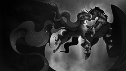 Size: 4000x2250 | Tagged: safe, alternate version, artist:burgerpaws, king sombra, princess luna, alicorn, pony, unicorn, g4, armor, black and white, claws, curved horn, duo, duo male and female, ethereal mane, female, flowing mane, flowing tail, flying, grayscale, high res, hoof shoes, horn, implied nightmare moon, jewelry, long feather, looking at each other, looking at someone, male, mare, monochrome, night, peytral, regalia, ship:lumbra, shipping, smiling, sombra eyes, sparkles, spread wings, stallion, starry mane, straight, tail, wing cape, wing claws, wings