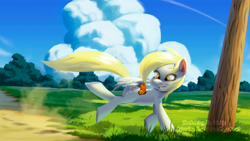 Size: 2100x1181 | Tagged: safe, artist:kiulip, derpy hooves, butterfly, pegasus, pony, g4, female, mare, open mouth, open smile, running, scenery, smiling, solo, this will end in pain