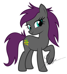 Size: 5000x5529 | Tagged: safe, artist:kaitykat117, oc, oc only, oc:dramatic flaire(kaitykat), changeling, earth pony, pony, g4, eyelashes, feminine stallion, gray coat, half changeling, long hair, long hair male, male, raised hoof, simple background, smiling, solo, stallion, transparent background