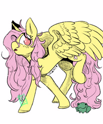 Size: 2500x3000 | Tagged: safe, artist:stinkygooby, fluttershy, alicorn, frog, pony, g4, alicornified, crosshatch, female, fluttercorn, high res, mare, race swap, raised leg, red eyes, simple background, spread wings, stray strand, white background, wings, wrong eye color