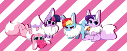 Size: 5971x2423 | Tagged: safe, artist:kittyrosie, part of a set, pinkie pie, rainbow dash, starlight glimmer, twilight sparkle, eevee, g4, >:3, blushing, chest fluff, cute, cuteness overload, daaaaaaaaaaaw, dashabetes, diapinkes, ear fluff, floating heart, fluffy, food, glimmerbetes, gradient background, heart, kittyrosie is trying to murder us, open mouth, open smile, pizza, pokefied, pokémon, simple background, smiling, solo, species swap, sweet dreams fuel, twiabetes, weapons-grade cute