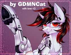 Size: 2336x1824 | Tagged: safe, alternate version, artist:goddamncat, part of a set, oc, oc:blackjack, cyborg, pony, unicorn, fallout equestria, fallout equestria: project horizons, amputee, bedroom eyes, commission, cropped, cute, cyber legs, cybernetic legs, ear fluff, fallout, fanfic art, female, frog (hoof), hooves, horn, level 1 (project horizons), looking at you, mare, nudity, pipbuck, prosthetic limb, prosthetics, raised hoof, red eyes, sitting, small horn, smiling, smirk, solo, strategically cropped, underhoof, ych example, your character here