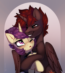 Size: 1854x2103 | Tagged: safe, artist:taneysha, oc, oc only, oc:hardy, oc:lavrushka, alicorn, pony, unicorn, alicorn oc, blushing, choker, duo, horn, hug, lidded eyes, one eye closed, open mouth, smiling, unicorn oc, wings