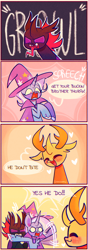 Size: 690x1967 | Tagged: safe, artist:sockiepuppetry, pharynx, thorax, trixie, changedling, changeling, pony, unicorn, g4, angry, biting, blushing, brothers, cape, changedling brothers, clothes, comic, eyes closed, female, growling, hat, heart, king thorax, male, mare, meme, oblivious, open mouth, ponified meme, scared, siblings, tongue out, trio, trixie's cape, trixie's hat, unshorn fetlocks, vine video