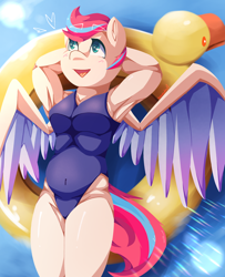Size: 1640x2022 | Tagged: safe, artist:nanazdina, zipp storm, pegasus, anthro, g5, belly, belly button, blushing, clothes, doodle, female, floaty, ibispaint x, inflatable bird, inflatable duck, inner tube, muscles, one-piece swimsuit, plump, pool toy, smiling, solo, spread wings, swimming pool, swimsuit, wings